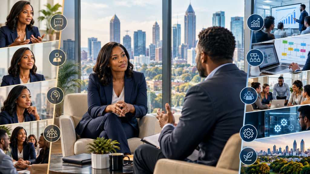 Business leaders discuss strategy, collaboration, technology, analytics, and organizational growth in a city office