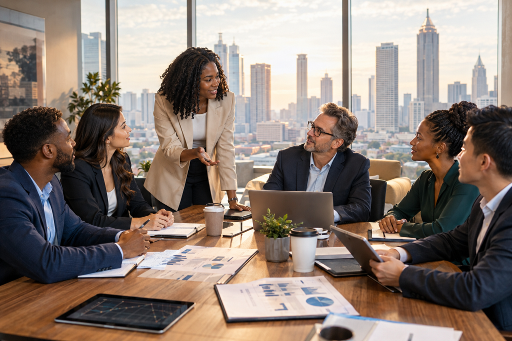 Business team meeting around a table, reviewing documents and a laptop in an office overlooking a city skyline