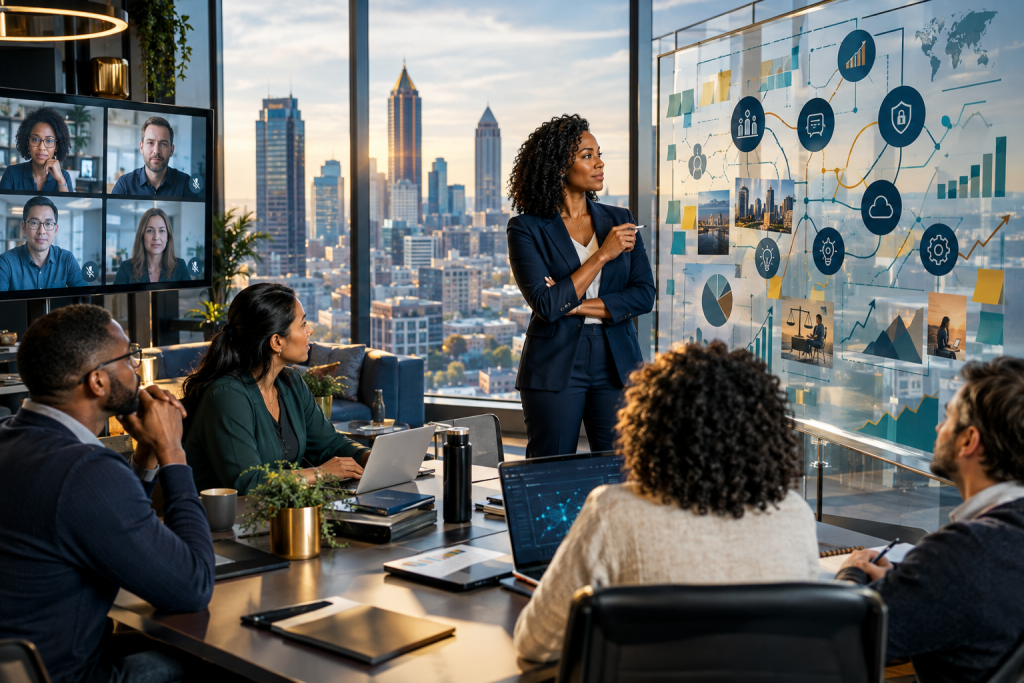 Business team meeting with a woman presenting charts and strategy diagrams to colleagues in a high-rise office