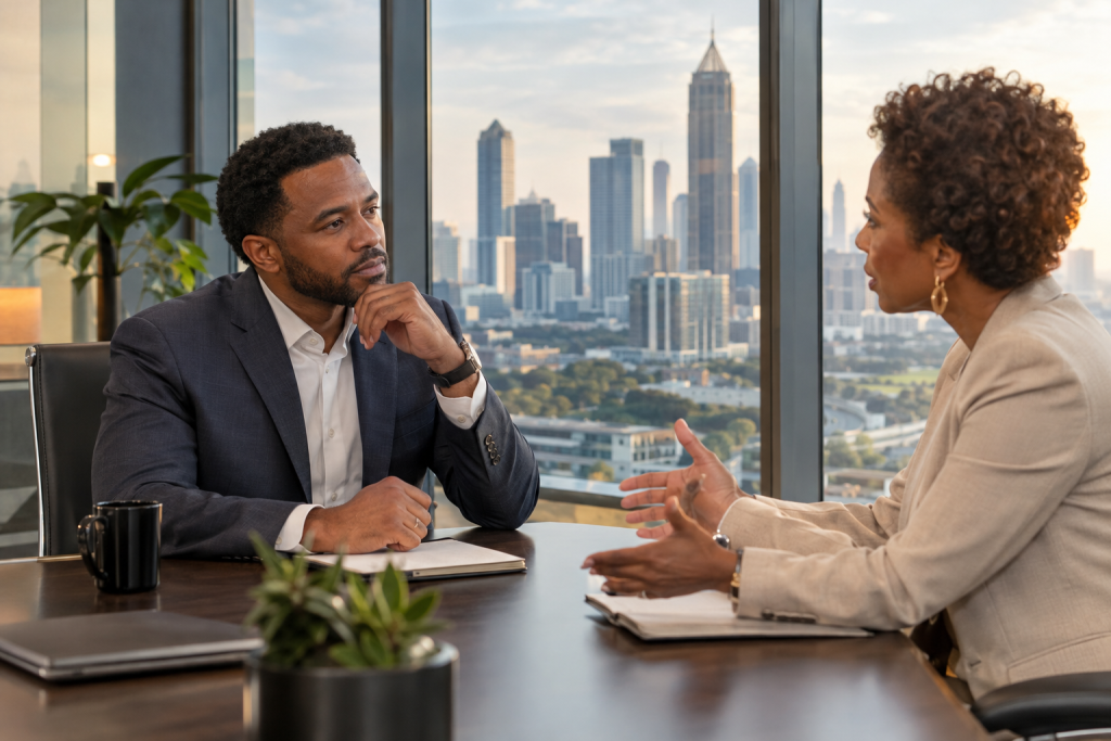 Two business professionals discuss a meeting at a conference table overlooking a city skyline