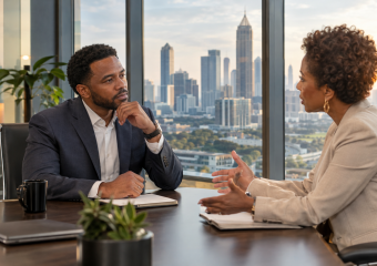 Two business professionals discuss a meeting at a conference table overlooking a city skyline