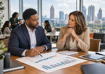 Two business professionals discuss charts and graphs at a conference table overlooking a city skyline