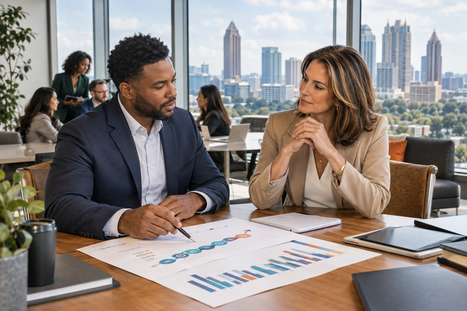 Two business professionals discuss charts and graphs at a conference table overlooking a city skyline